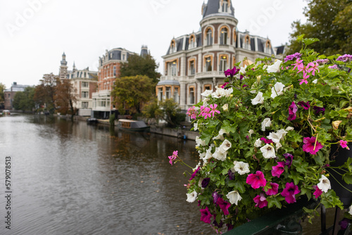 Beautiful Colorful Flowers on a Bridge along a Canal in the Amsterdam Centrum District