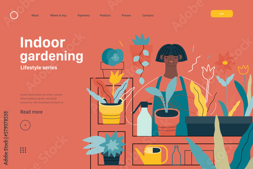 Lifestyle website template - Indoor gardening - modern flat vector illustration of a woman gardening at home - planting and watering. People activities concept
