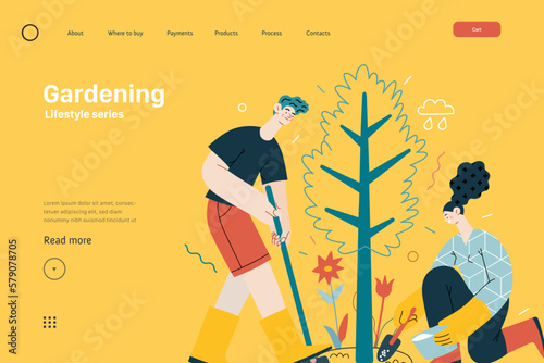 Lifestyle website template - Gardening - modern flat vector illustration of a man and a woman digging and fertilizing a tree. Planting and care gardening activity. People activities concept