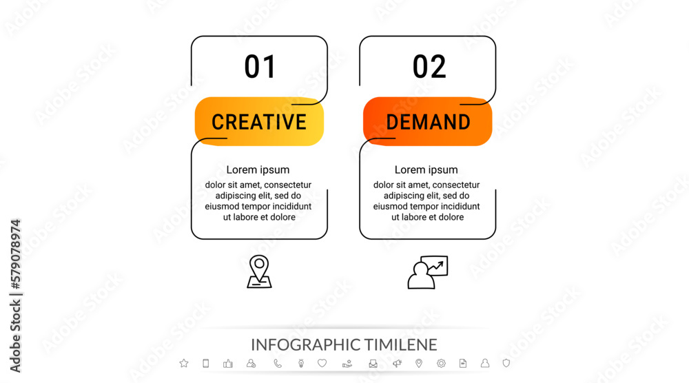 Two rectangular vector line cards in a horizontal row. The modern concept of business model with 2 steps and icons. Minimal infographics design template. Flat illustration. Two rectangular vector line cards in a horizontal row. The modern concept of business model with 2 steps and icons. Minimal infographics design template. Flat illustration.