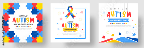 World autism awareness day social media post banner design template set. World autism day colorful puzzle vector banner. Symbol of autism. autism Health care Medical flat background of April 02