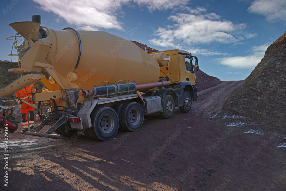  concrete mixing truck on a construction site