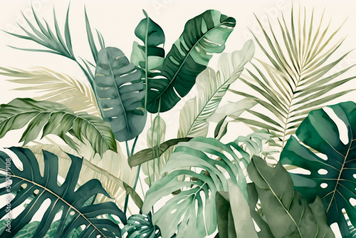 Wallpaper Mural Palm leaves and flowers pattern in modern style, tropical print on white background, botanical design and green colors. Generative AI. Torontodigital.ca