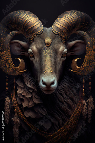 A close up of a rams head on a black background. Dark fantasy. Generative AI