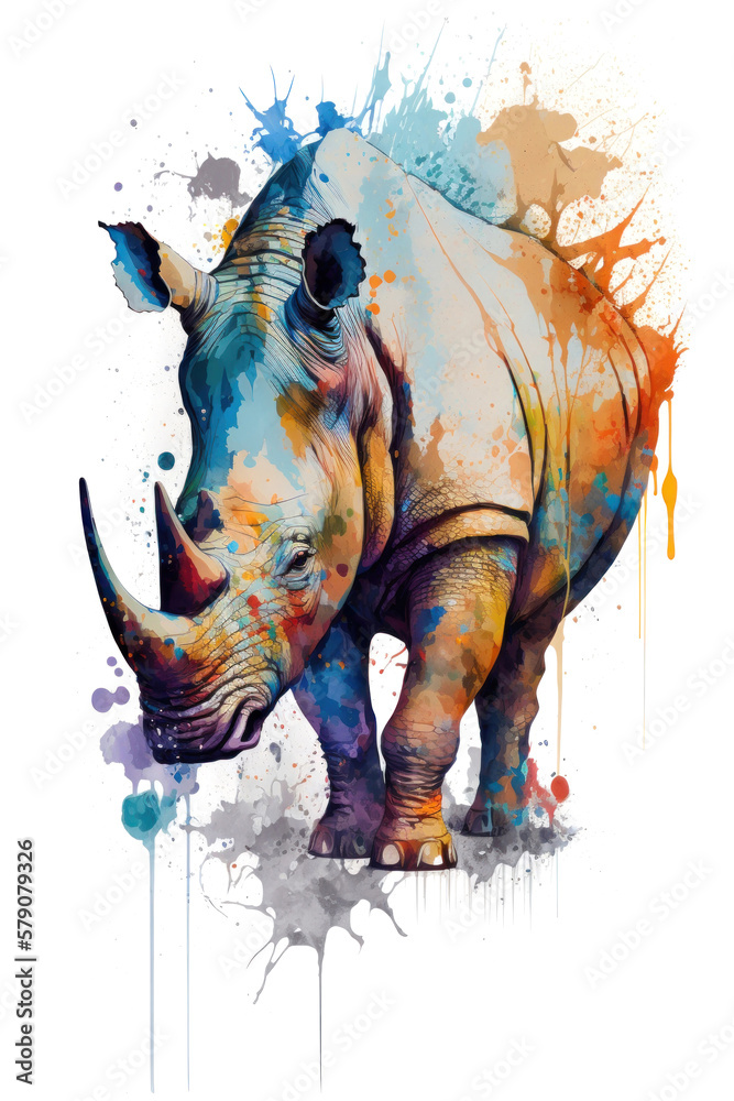 Obraz premium Illustration rhino in watercolor. Animal on a white background, generative AI