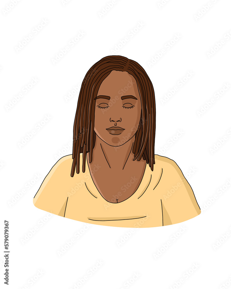 zen and serene black woman portrait, isolated drawn character