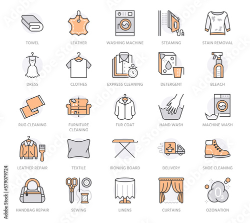 Dry cleaning, laundry line icons. Launderette service washing machine, clothes shoe and leaher repair, stain removal, garment ironing and steaming, fabric detergent. Orange color. Editable Stroke