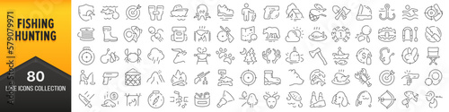 Fishing and hunting line icons collection. Big UI icon set in a flat design. Thin outline icons pack. Vector illustration EPS10