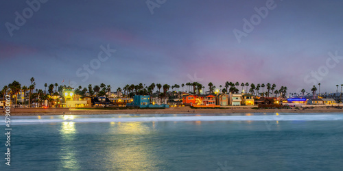 Colorful houses at night on Imperial beach in San Diego, California