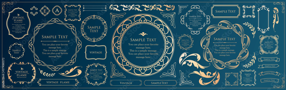 高級感のあるビンテージ調のフレームデザインセット　罫線　枠　ウエディング　ビンテージ　アンティーク