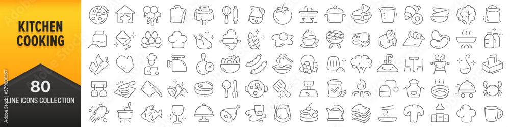 Kitchen and cooking line icons collection. Big UI icon set in a flat ...