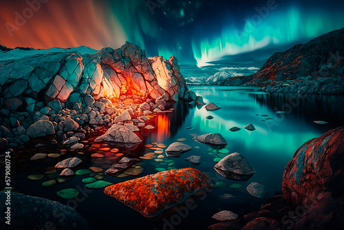 Landscape at night with colored northern lights in the sky and arctic landscape illuminated by light  polar night. Generative AI