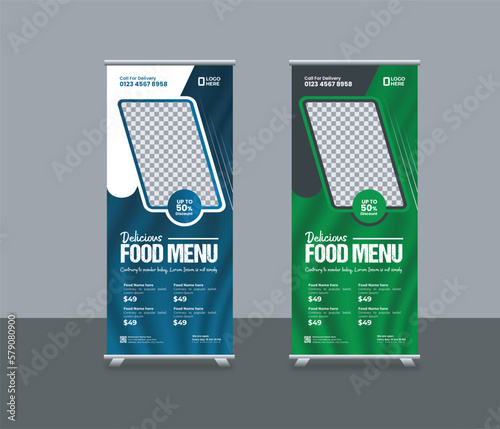 Food roll-up banner template or restaurant services promotion x stand rollup pull-up retractable signage banner design