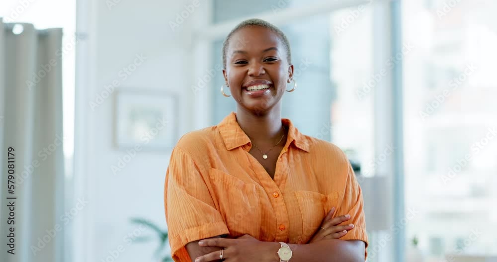 Black woman, portrait and business employee laughing with happiness in creative agency office. Happy worker, blurred background and smile of a digital content creator with a laugh ready for working