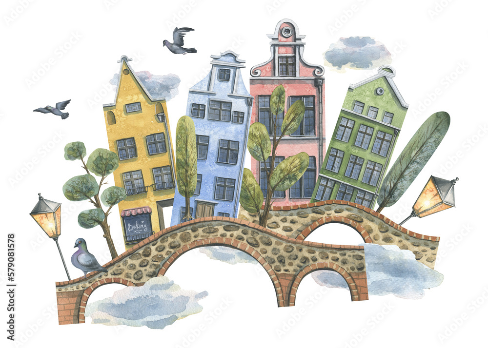 Cute colorful houses with trees, bridges, pigeons and lanterns. Watercolor illustration. Composition from the collection EUROPEAN HOUSES. For design of prints, souvenirs, stickers, postcards, posters.