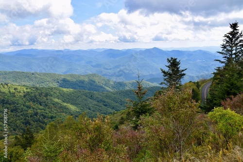 Great Smoky Mountains, United States. Hills with trees, blue cloudy skies. 