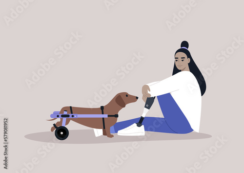 A young female Asian character with a prosthetic leg sitting on a floor, a sausage dog with a moving disability standing nearby