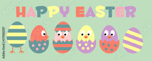 Happy easter. Colored birds in colored eggs