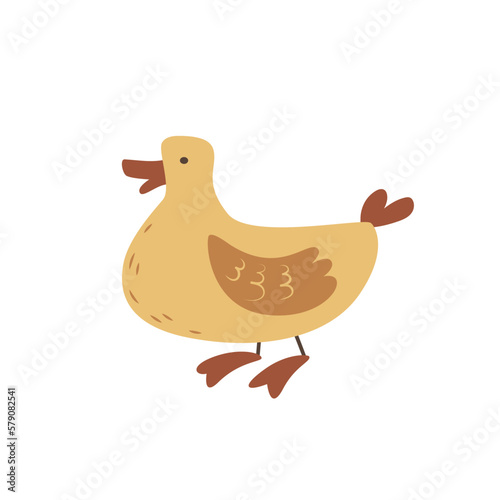 Funny yellow cartoon duck. Poultry farming and village life. Simple cute flat bird. Farm and ranch design element
