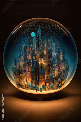 generative ai illustration of a city with tall skyscrapers in a glass sphere