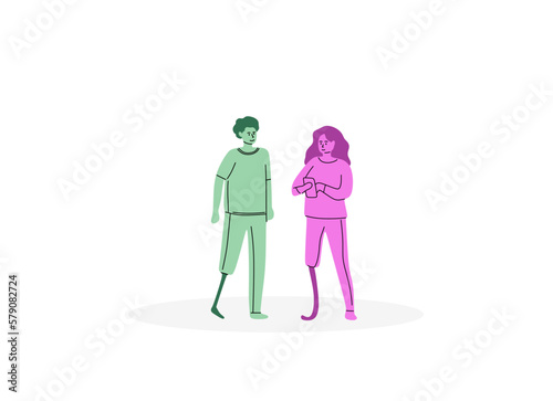 A man with a prosthesis and a woman with a prosthesis spend time together. People with disabilities. The concept of inclusion, diversity and equality