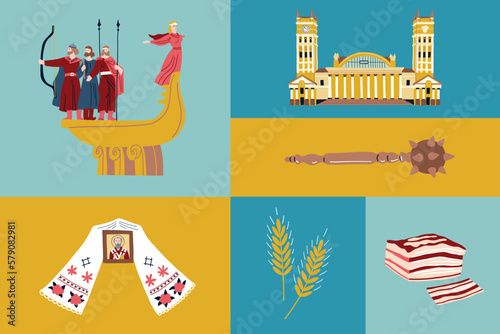 Ukrainian collection with national symbols with sunflowers, lard, mace, kozak, wooden church, The Monument to the Founders of Kyiv. Stylish Banner for design.