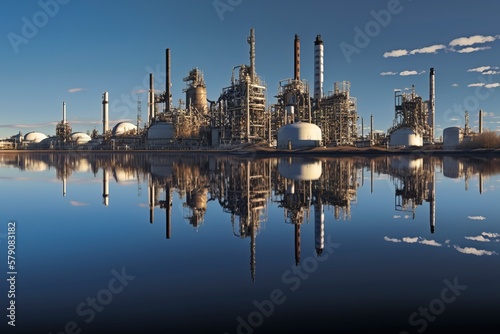 Refinery by the river. AI technology generated image