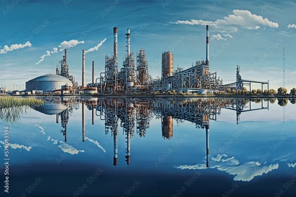 Refinery by the river. AI technology generated image