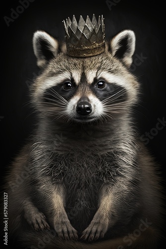 King raccoon wearing a crown - Animal kingdom concept - generative AI