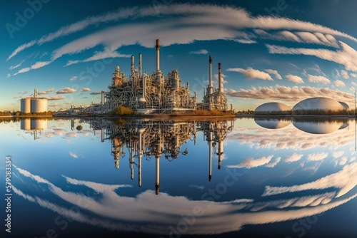 Refinery by the river. AI technology generated image