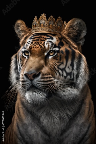 King tiger wearing a crown - Animal kingdom concept - generative AI