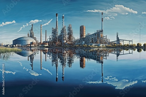 Refinery by the river. AI technology generated image