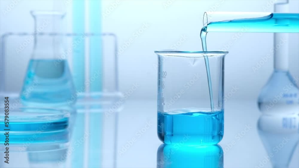 Drop is falling into a beaker with blue cosmetic or medical liquid in slow motion. Laboratory background with erlenmeyer flask, beaker, petri dish, test tube on light background. Drop is falling into a beaker with blue cosmetic or medical liquid in slow motion. Laboratory background with erlenmeyer flask, beaker, petri dish, test tube on light background.