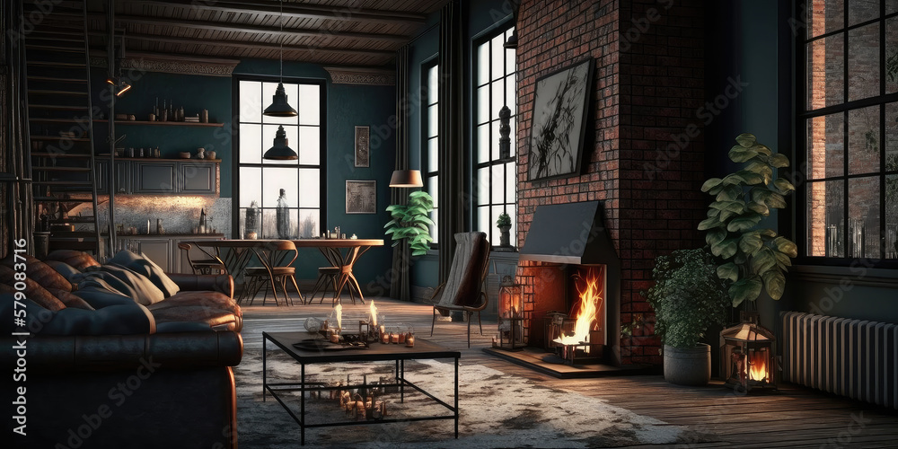 Modern home interior with fireplace, 3d render Generative AI