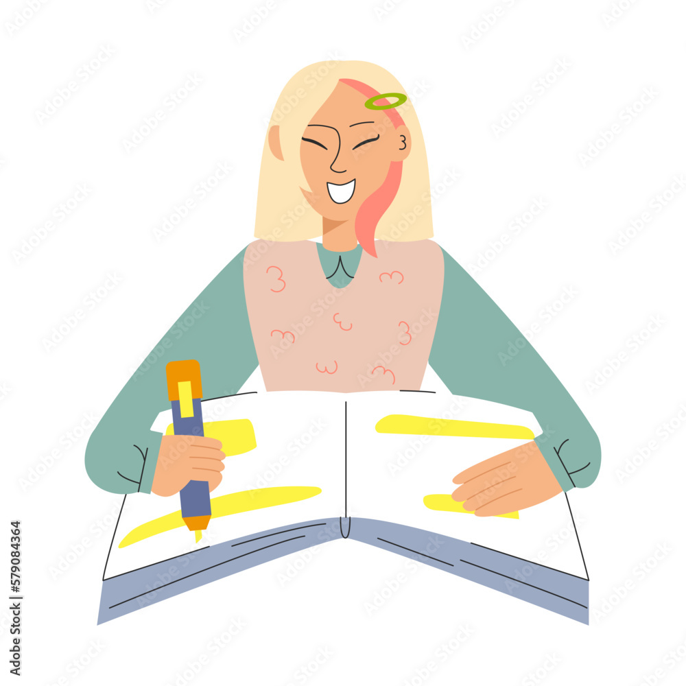The girl makes notes in a notebook with a marker. Study concept The girl makes notes in a notebook with a marker. Study concept