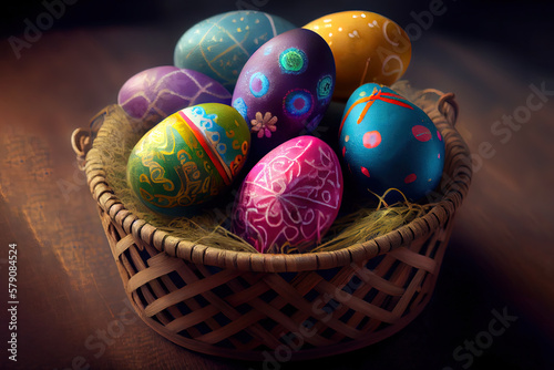 Wicker basket with easter eggs and pink tulips. Generative Ai