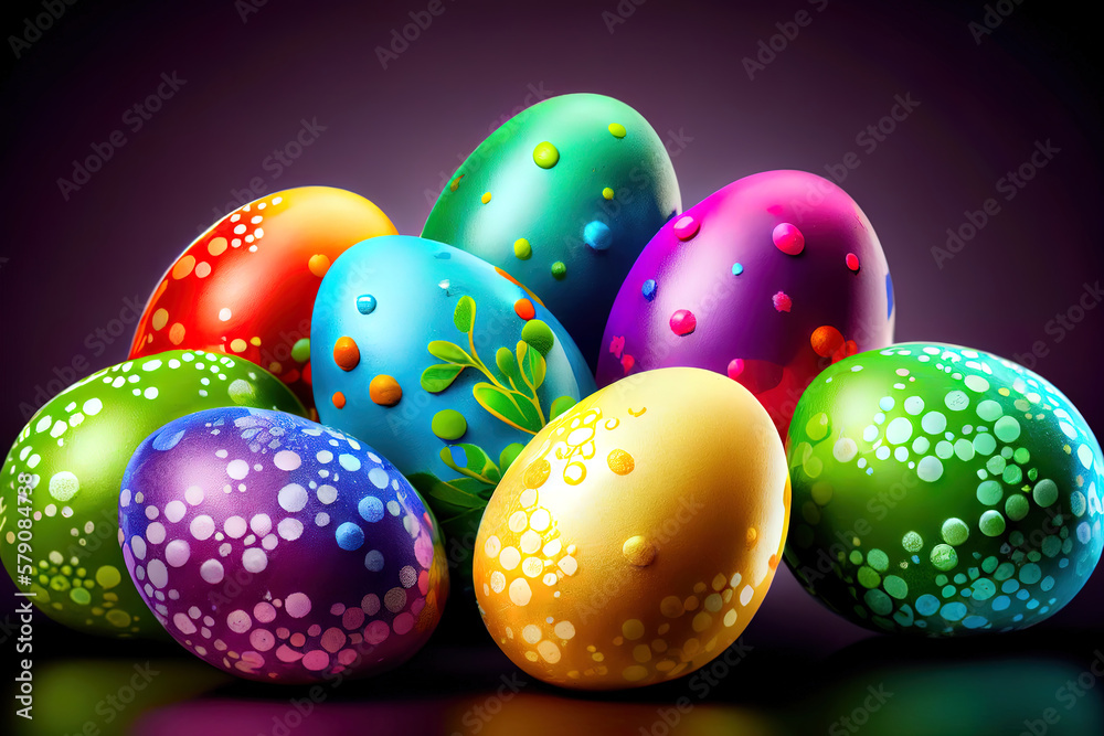 Traditional colored easter eggs with different ornaments on white. Generative Ai