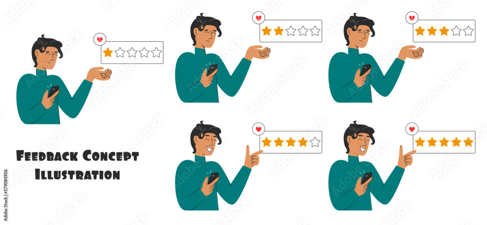 Man giving feedback to service. Review concept illustration. Set of illustration