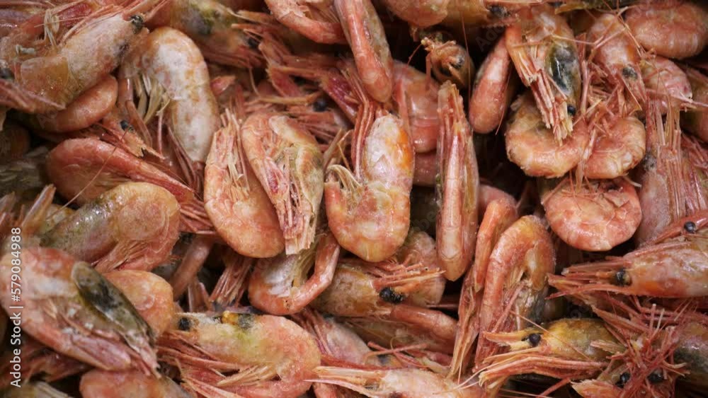 Pink fresh frozen shrimps with ice in a supermarket or fish shop. Uncooked seafood close up background. Fresh frozen prawns, delicacies, sea food concept, close up. Pink fresh frozen shrimps with ice in a supermarket or fish shop. Uncooked seafood close up background. Fresh frozen prawns, delicacies, sea food concept, close up.