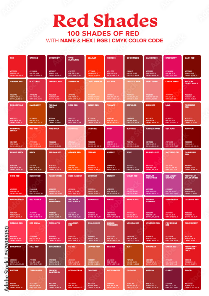 Vecteur Stock Red Tone Color Shade Background with Code and Name  Illustration. Red swatches color pallete.Vector Illustrations. | Adobe Stock