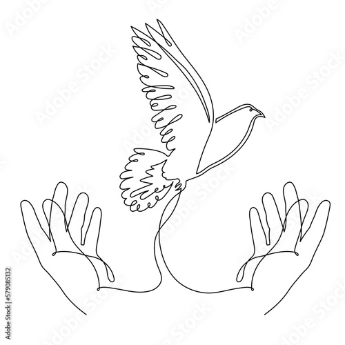 Hands with dove of peace, one line art continuous contour. Hand drawn palm with pigeon,doodle hope bird sign of freedom and independence.Editable stroke.Isolated.Vector illustration