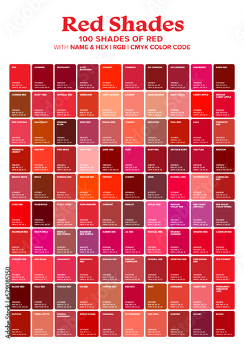 Red Tone Color Shade Background with Code and Name Illustration. Red swatches color pallete.Vector Illustrations.