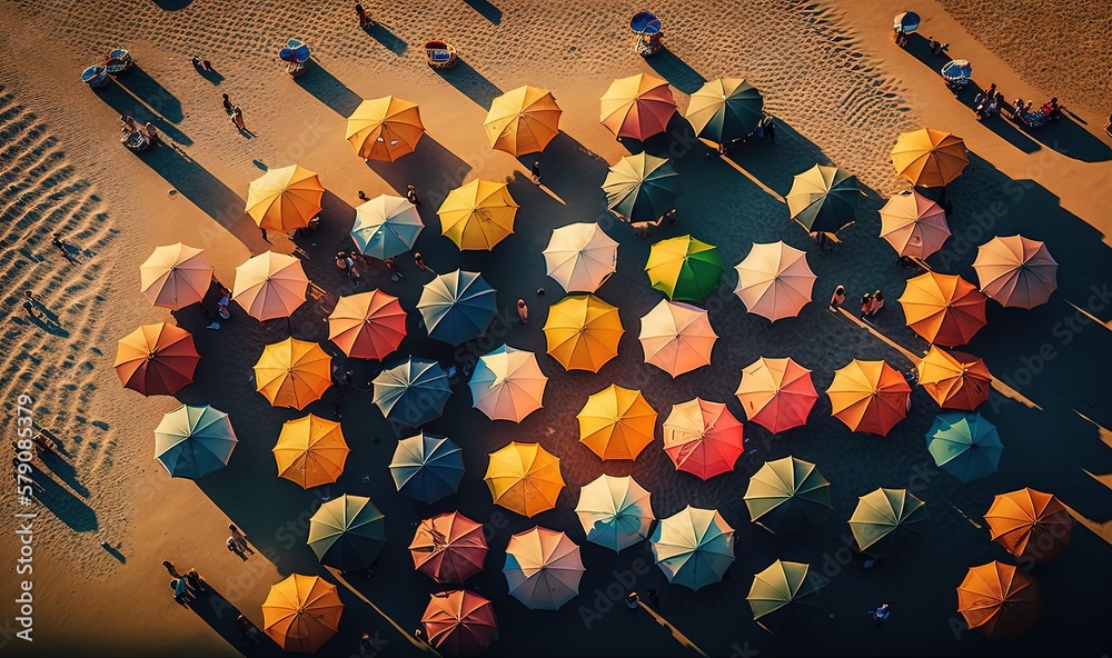  a large group of umbrellas on a beach with people standing around them on the sand and in the background, a group of people standing on the beach with umbrellas.  generative ai