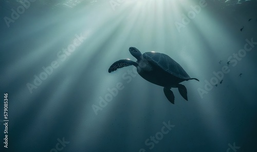  a turtle swimming in the ocean with sunlight streaming through the water's backgrouds and a lot of fish swimming around it. generative ai