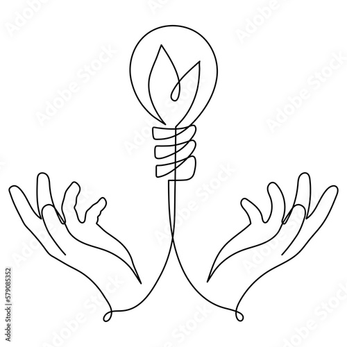 Hands hold slight bulb with leaves,one line art,hand drawn continuous contour.Green energy idea concept.Sign of environmental friendliness.Decoration for banners, posters.Editable stroke.Isolated