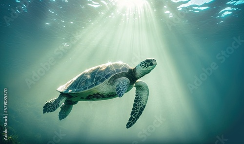  a green turtle swimming in the ocean with sunlight streaming through the water's backgrouds and the sun shining down on its backgroung. generative ai
