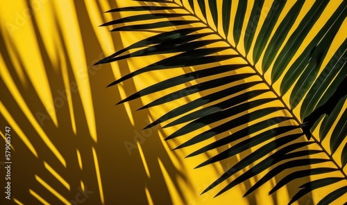  the shadow of a palm leaf on a yellow wall with a shadow of a palm leaf on the wall in the foreground of the image. generative ai