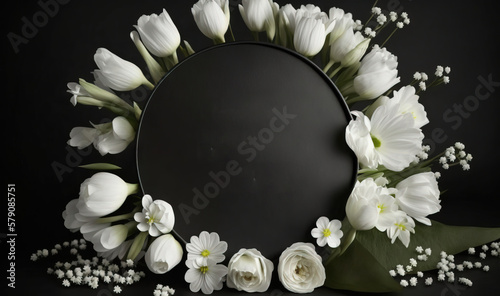  a black circle with white flowers and a black background with the words happy pammy and a black circle with white flowers and a black background with the words.  generative ai photo