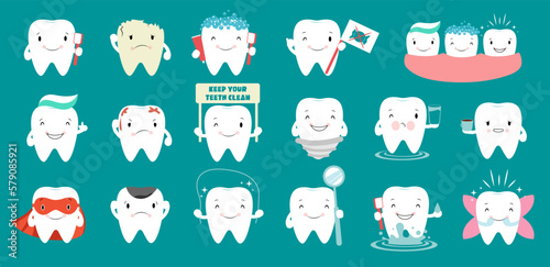 Set of cartoon teeth. tartar, broken tooth, tooth looks in the mirror. Vector elements