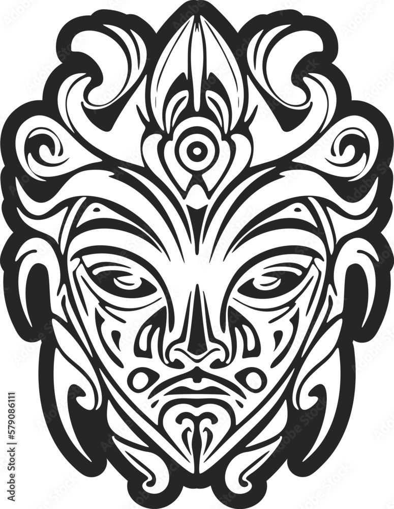 Vector illustration of a Polynesian mask tattoo in black and white.